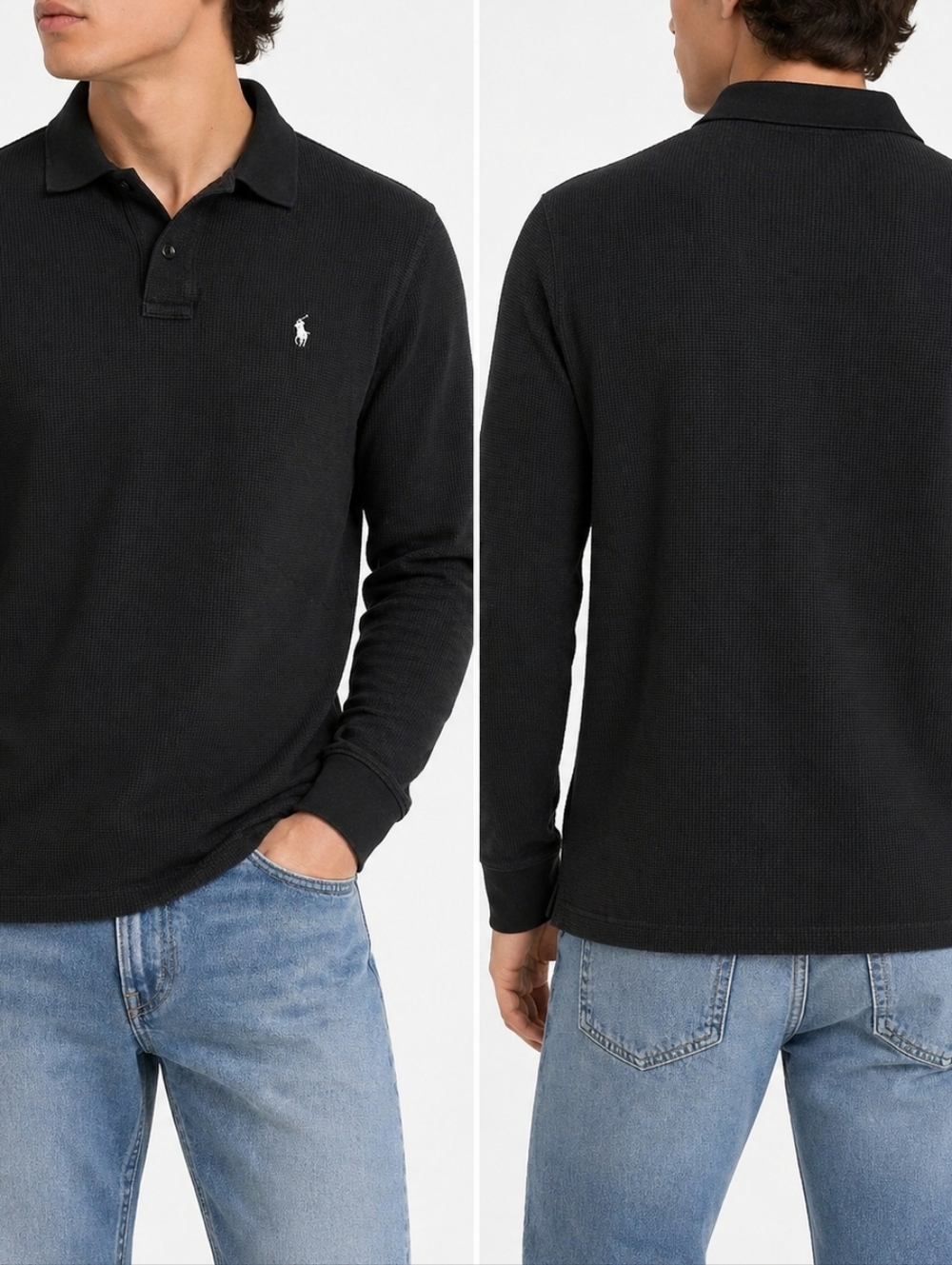 Polo Ralph Lauren ($165) Black Waffle Knit Long Sleeve Polo Shirt Logo